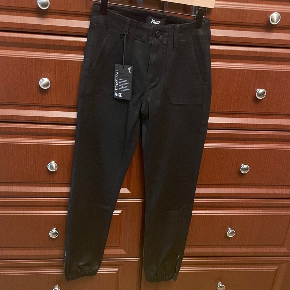 Brand New PAIGE Mayslie Coated Jogger pants in Black Fog Luxe Coating.